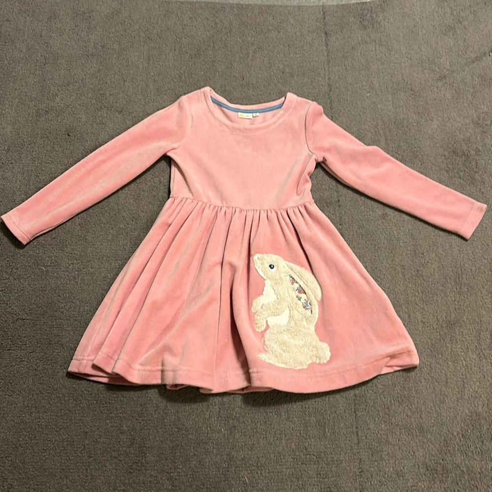 NWOT Mini Boden Girls 7-8 Pink Velour Long Sleeve Bunny Appliqué Dress